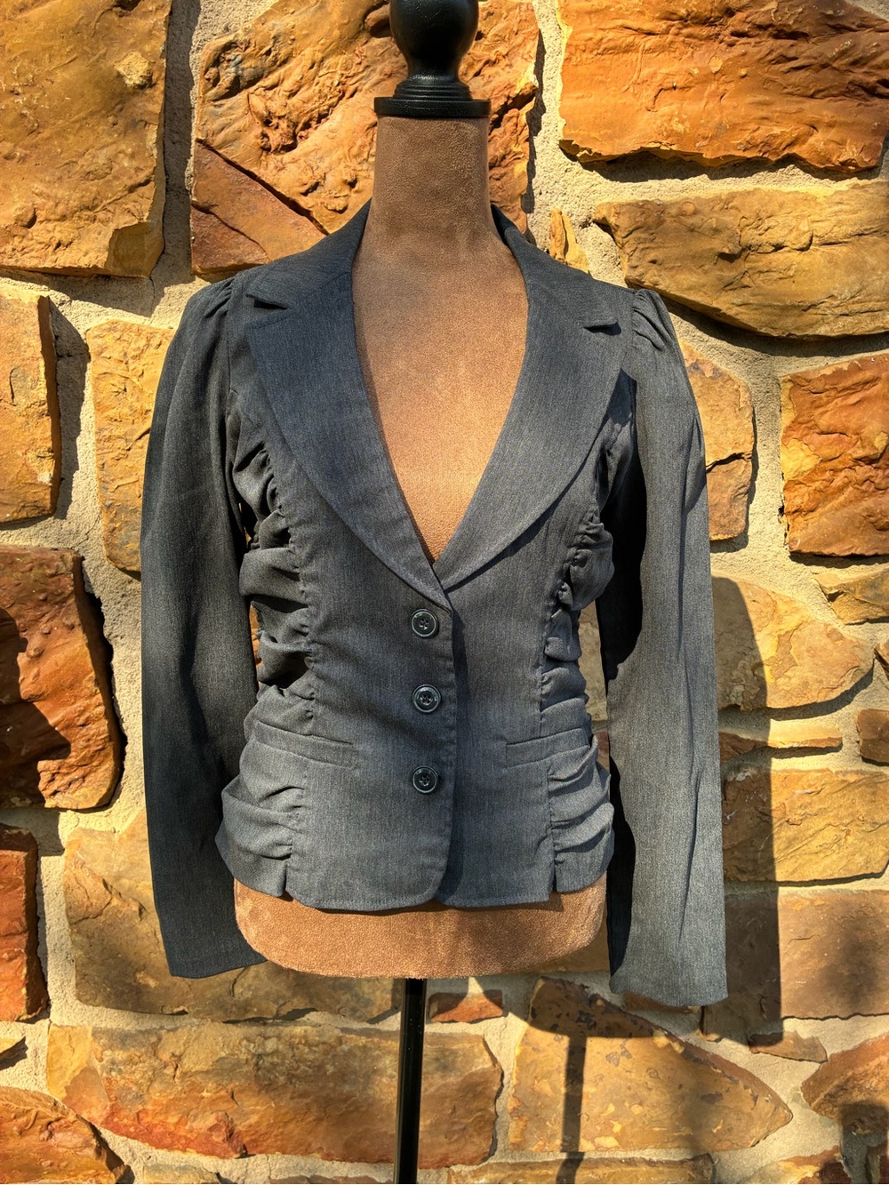 Tailored Dark Gray Ruched Suit Blazer Jacket